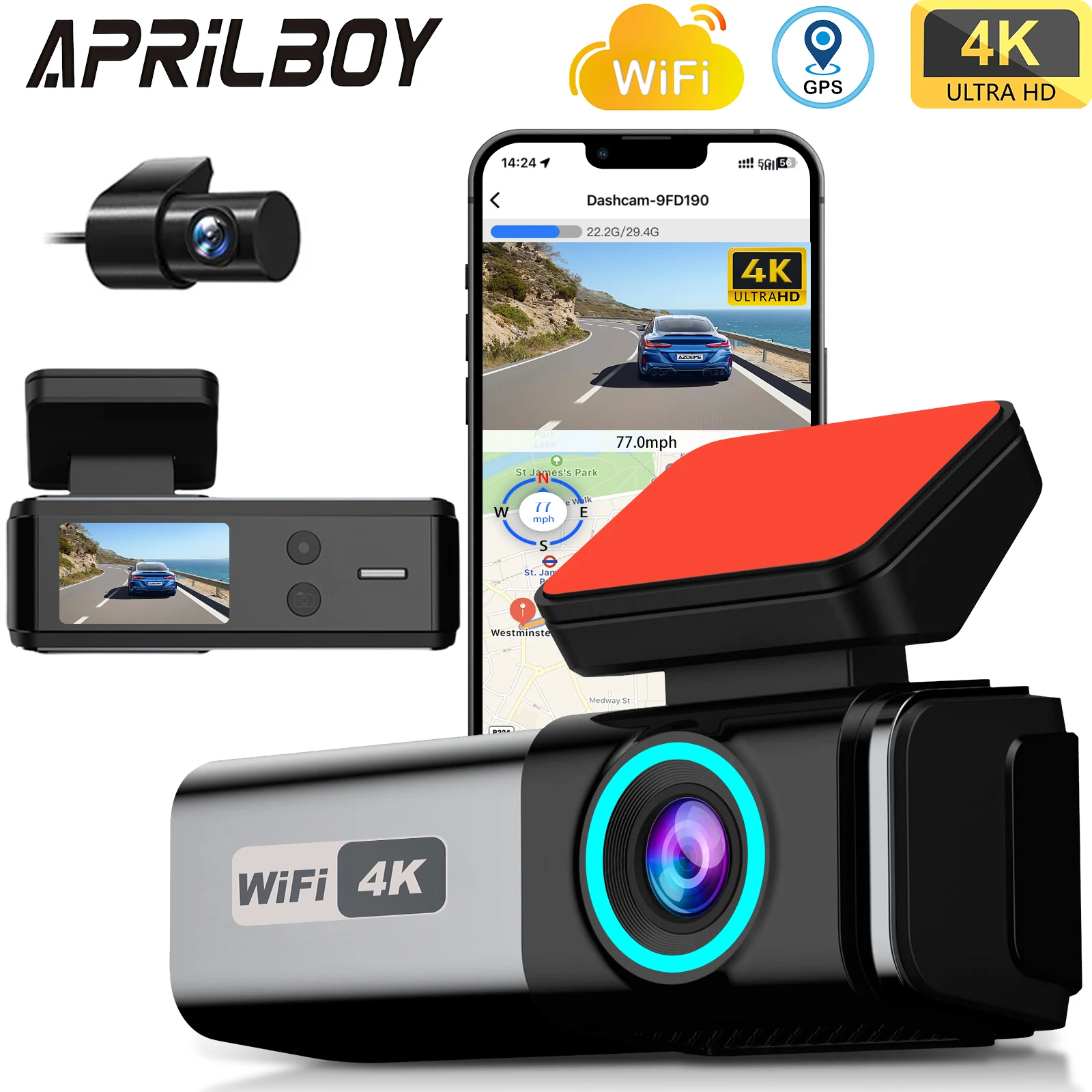 Aprilboy 4K WIFI Dash Cam 2160P Car DVR Front and Rear Dual Lens Auto Car Camera with Night Vision G-Sensor 24H Parking Monitor