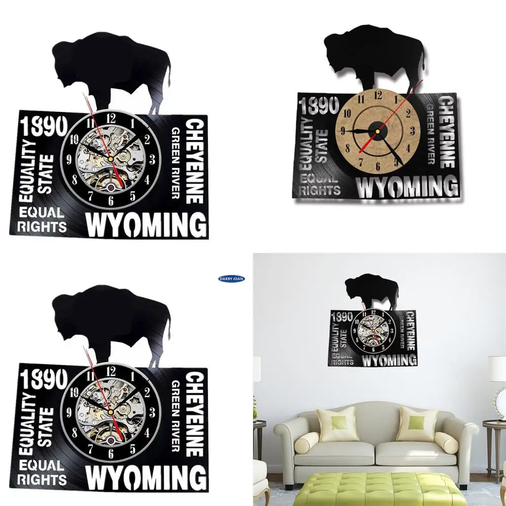 Hollow Out Black Vinyl Record Clock Wyoming State Retro Handmade Wall Decor Pendulum Clock