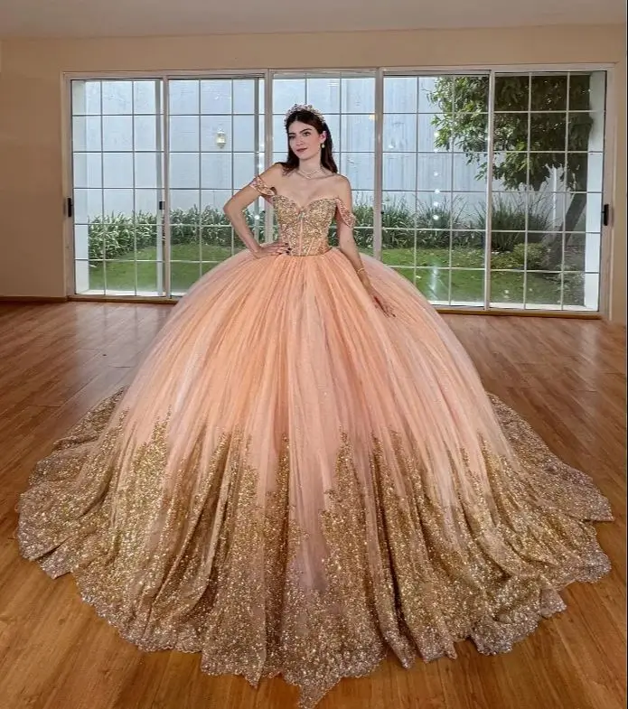 

Pink Orange Princess Luxury Quinceanera Dresses Exquisite Off Shoulder Gold Applique Inlaid Sequins vestido de 15 quinceañeras