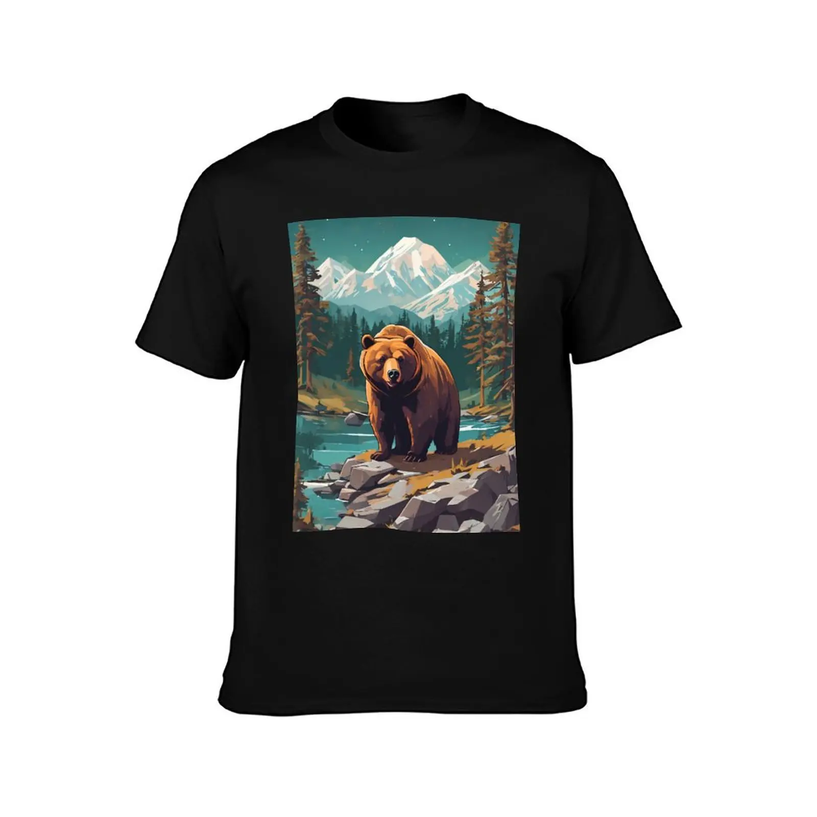 Nature Grizzly Bear T-Shirt Summer Casual Cotton Tee Oversized Streetwear Tops Vintage Graphic Print Loose Fit Short Sleeve