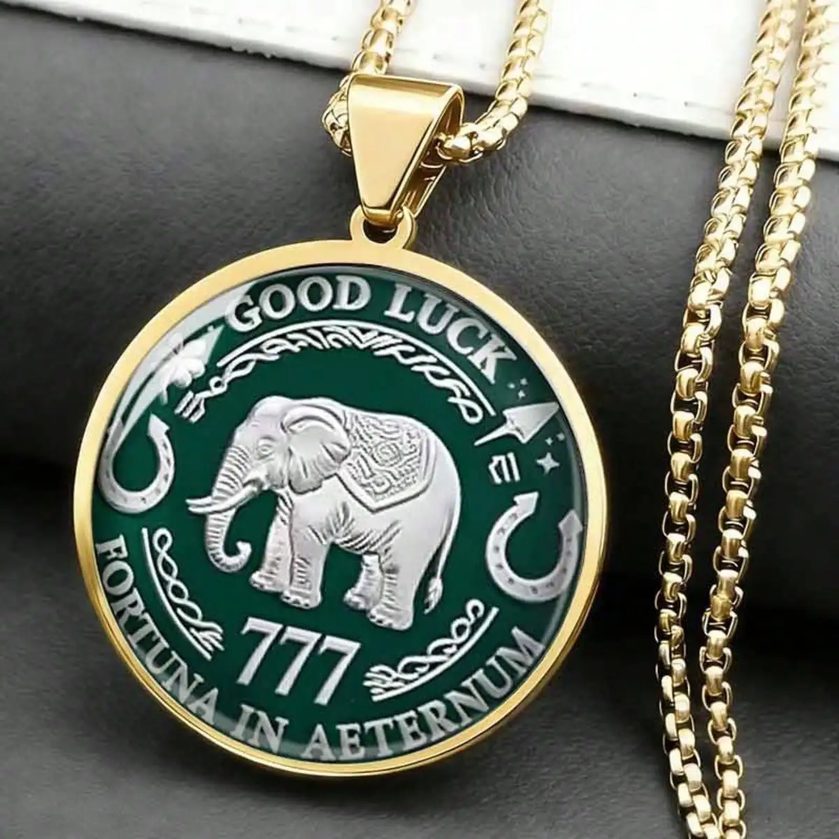 Good Luck Elephant Pendant Necklace, Gold Plated Stainless Steel, 777 Horseshoe Charm, Fortune Amulet Jewelry For Men & Women