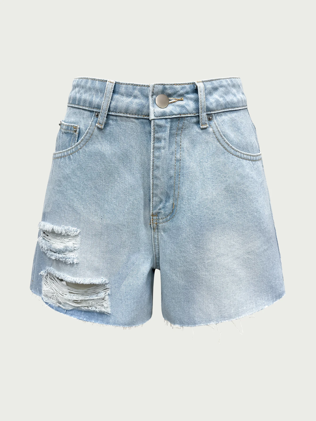 Small light blue washed ripped high-waisted denim shorts. Loose A-line fit. Soft denim fabric. Versatile for summer. view 6