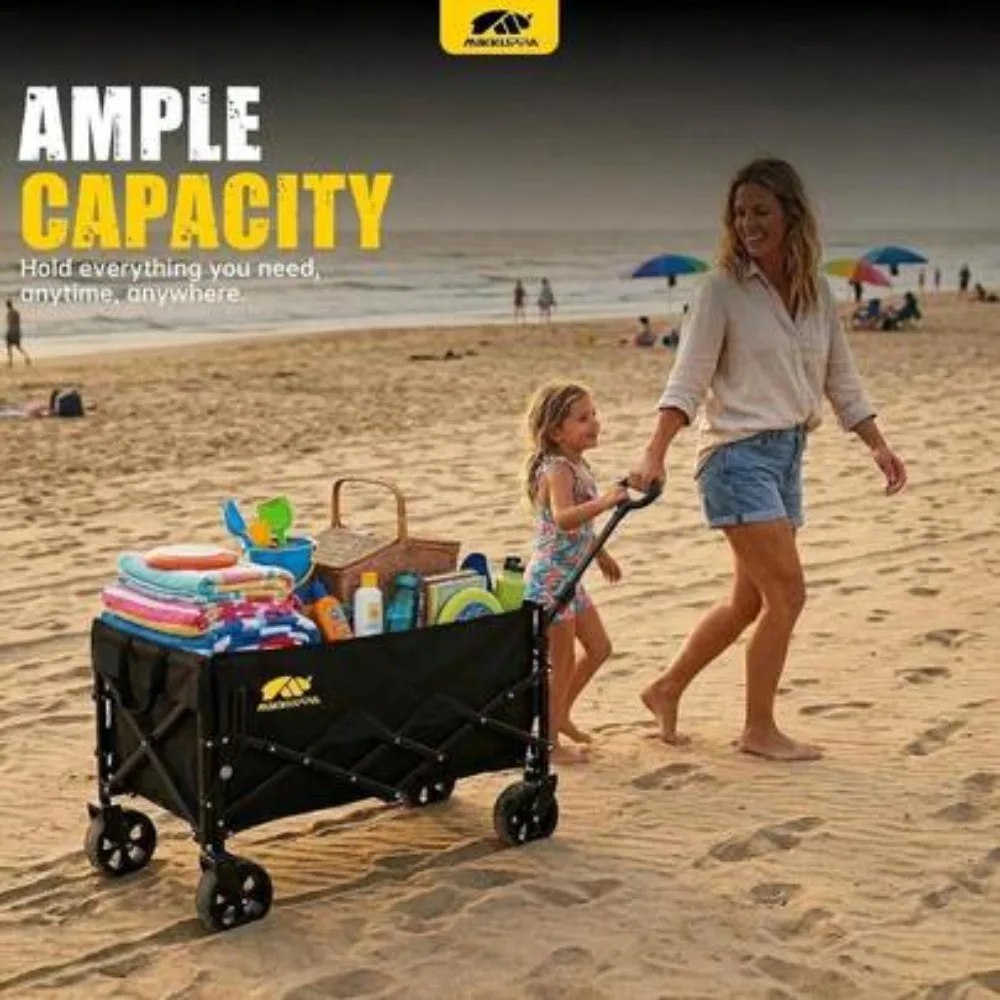 2026 Collapsible Utility Wagon Cart Foldable Heavy Duty 340LBS Capacity 180L Large Beach Wagon with Drop Down Tailgate Portable Shopping Cart with Wheels for Groceries Dogs Camping Sports Garden Garden Travel