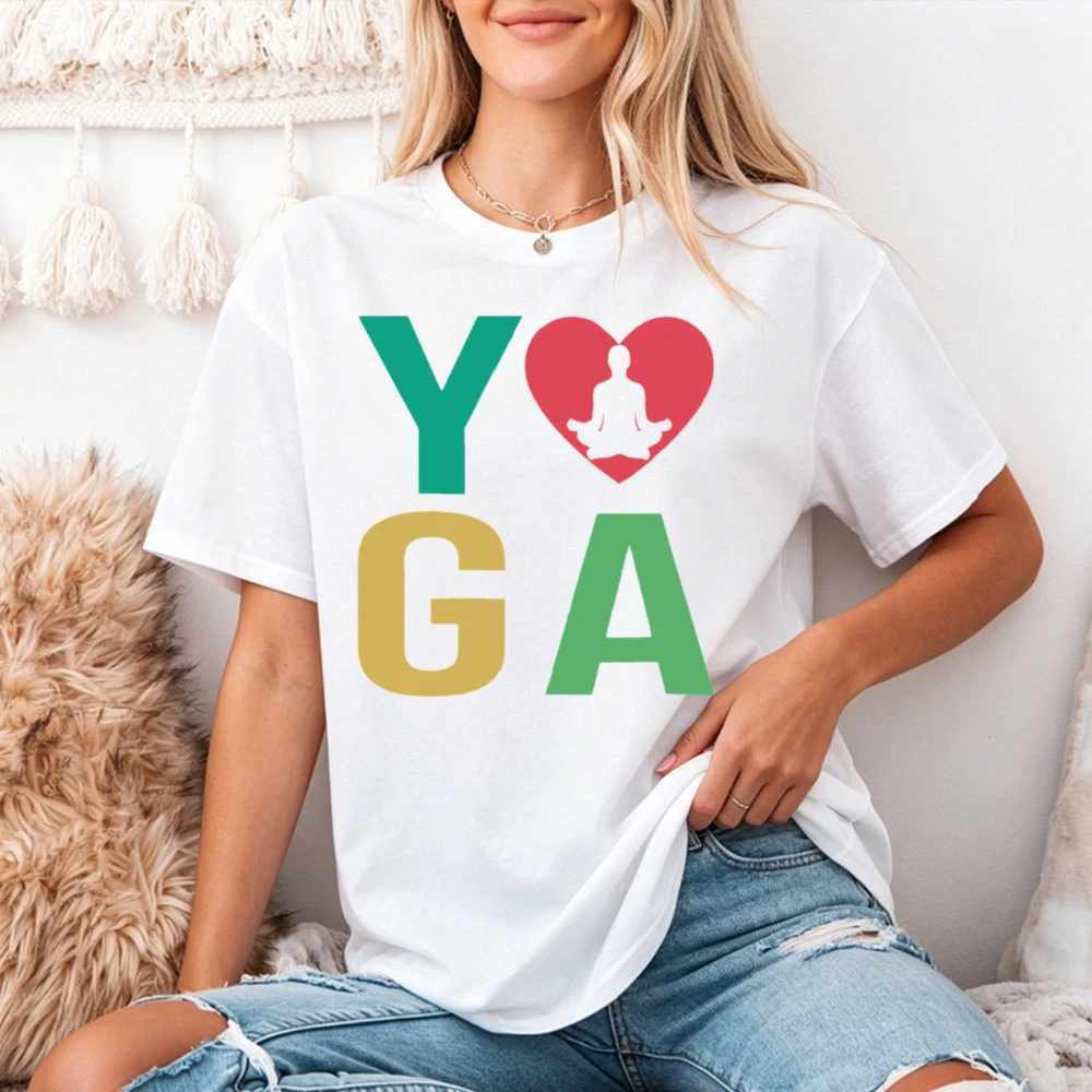 Yoga Heart Meditation Women T-Shirt Casual Summer Short Sleeve Cotton Fashion Top Vacation Trip Gift for Yoga Lovers Y2k Tops