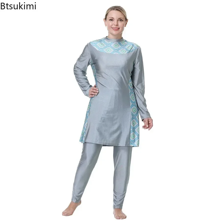 New 2024 Women\'s Muslim Swimwear Islam Modest Swimsuit Bikini Beachwear With Hijab Burkinis Femmes Swiming Suit With Long Sleeve