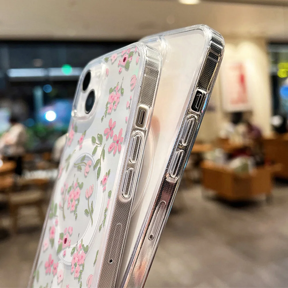 Pink Flower Phone Case For iPhone 17 Pro Max Case iPhone 16 13 15 11 12 14 Pro Max 17 Air For Magsafe Magnetic Clear Cover Funda