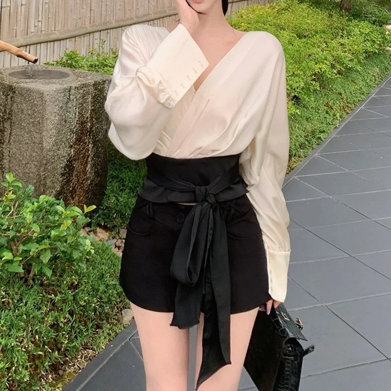 أنيقة الفرنسية هيبورن ملكة جمال كتلة اللون الخامس الرقبة Batwing كم قميص الخصر حزام التعادل طويلة الأكمام أعلى لخريف جديد وصول