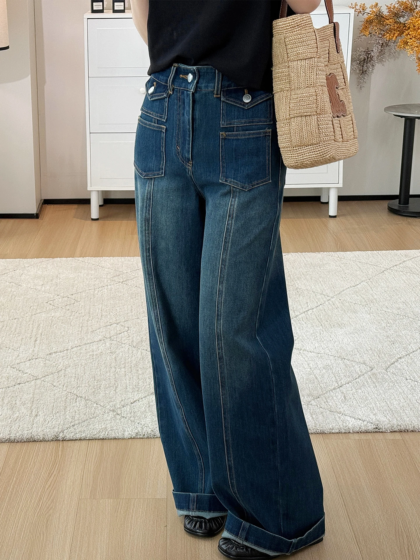

High Waist Wide Leg Vintage Washed Denim Jeans Women's Slimming Concealing Straight Cut Floor Length Trousers