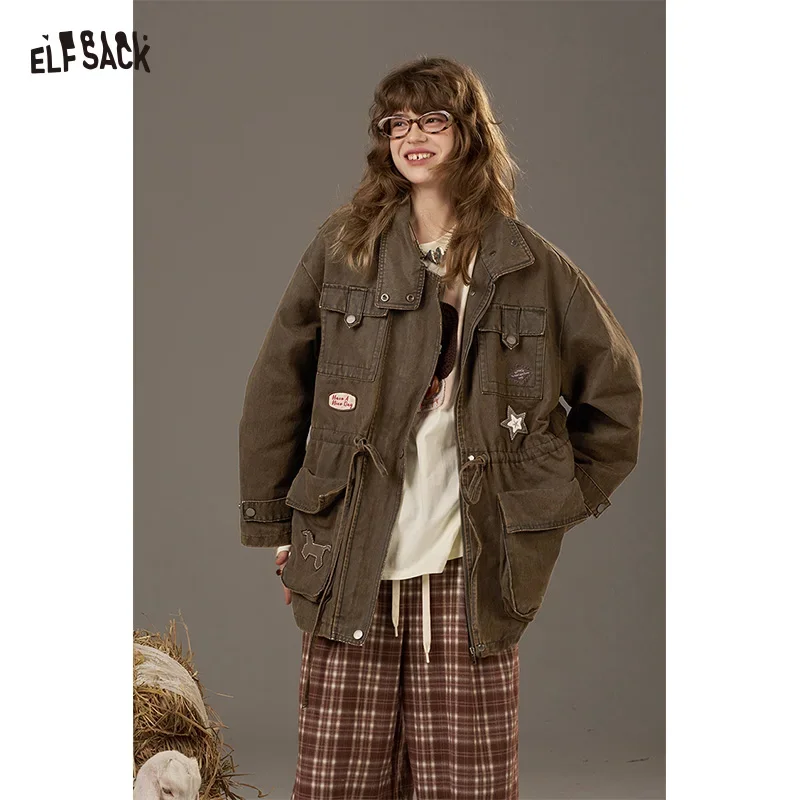 ELFSACK Women's Vintage Parka Coat with Patch Decor & Drawstring Waist, Loose Multi‑Pocket Cotton Padded Jacket for Daily Wear