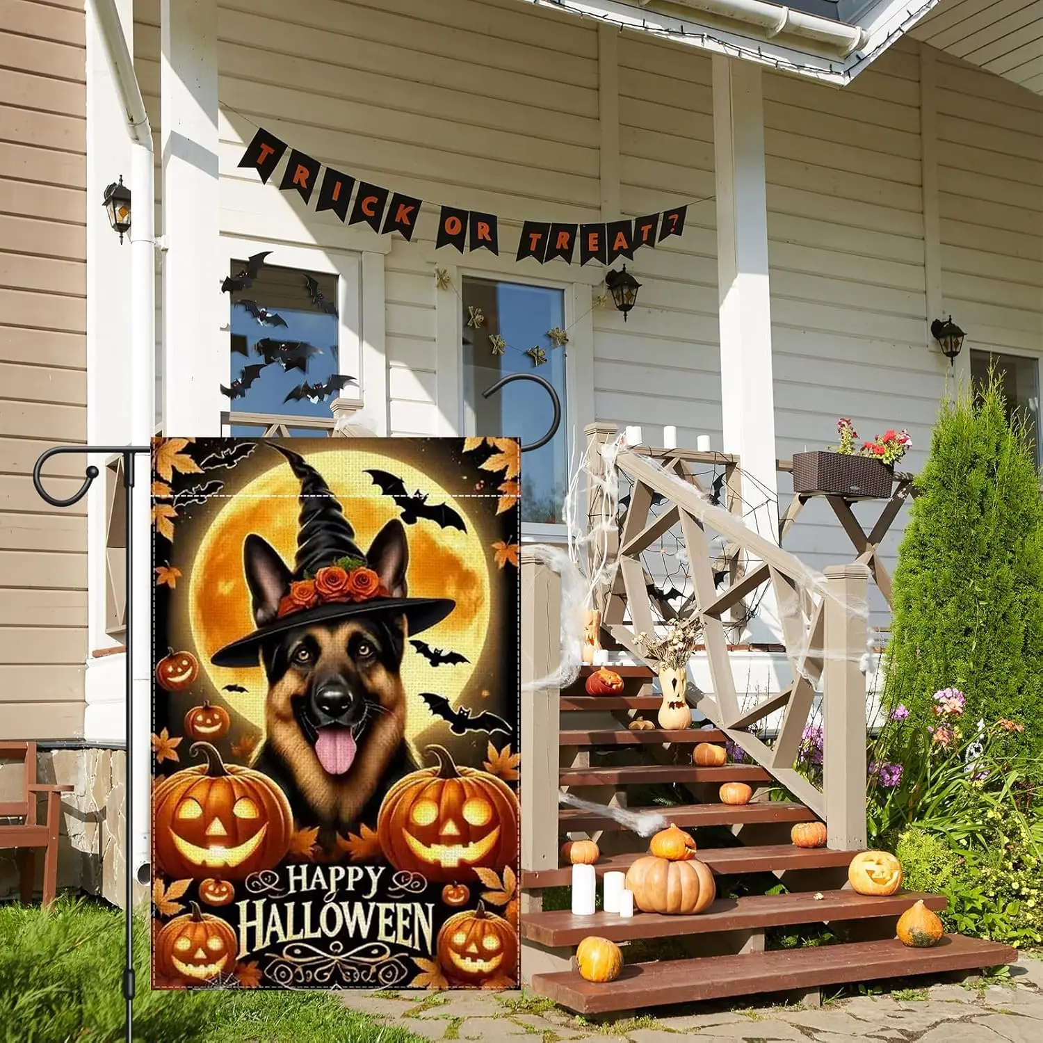 Happy Halloween Garden Flag 12x18 Double Sided, Small Burlap Outdoor German Shepherd Garden Flags Dog Halloween Decorations  KZA