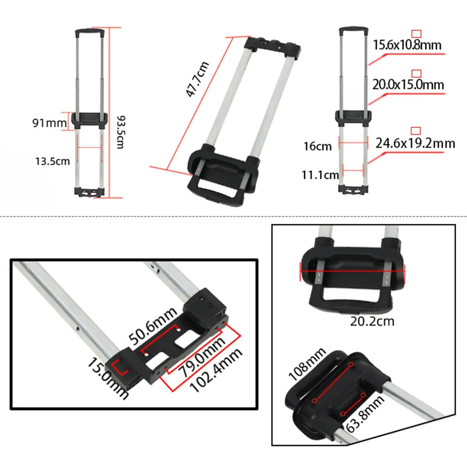 Reemplazo de manija de maleta de cuatro secciones, Maleta externa de aluminio, caja de embarque, carro telescópico, accesorios de equipaje