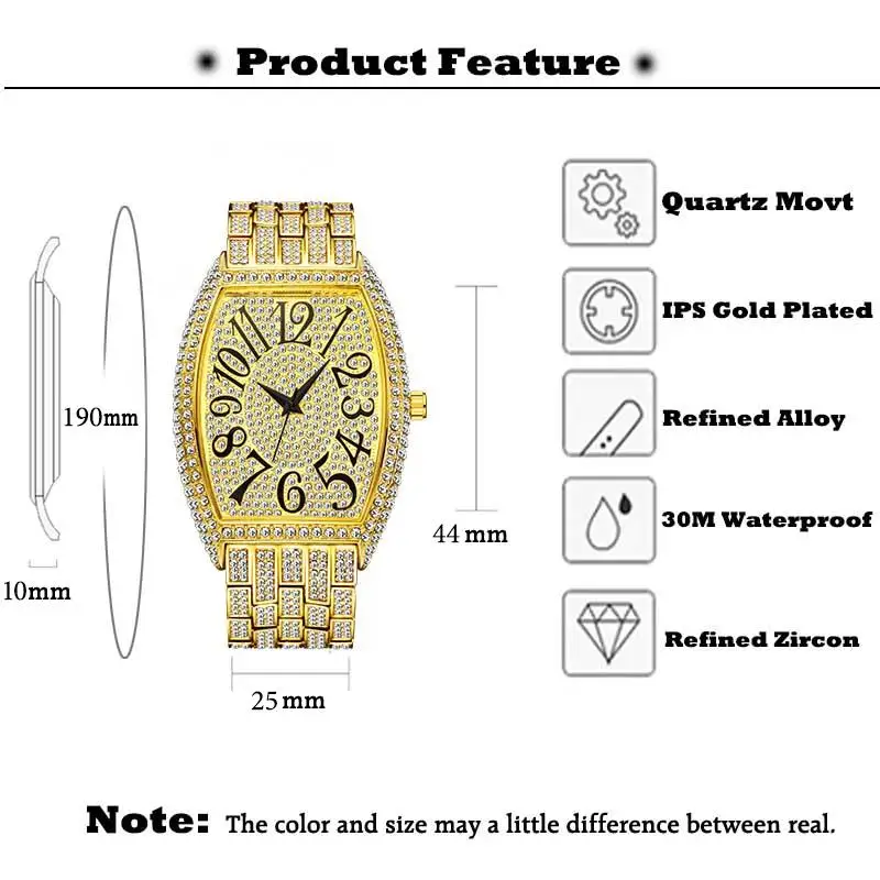 Fashion Cool Black Watches Mens Brand MISSFOX Luxury Tonneau Quartz Clock Hip Hop Iced Diamond Bling Wristwatch Man Dropshipping