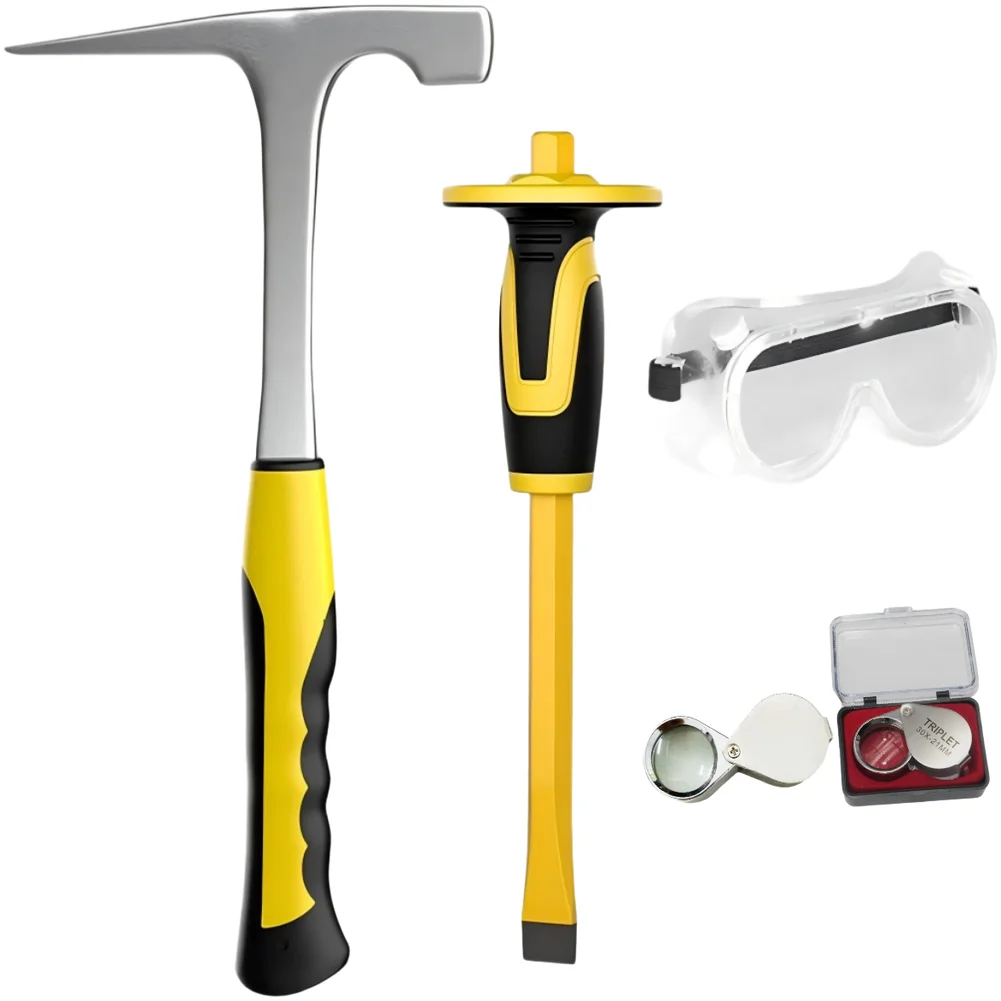 ロックピックハンマー4点セット、チゼル付き、32オンススチールヘッド、absエンジニアリングプラスチックボディ、地質学および考古学用