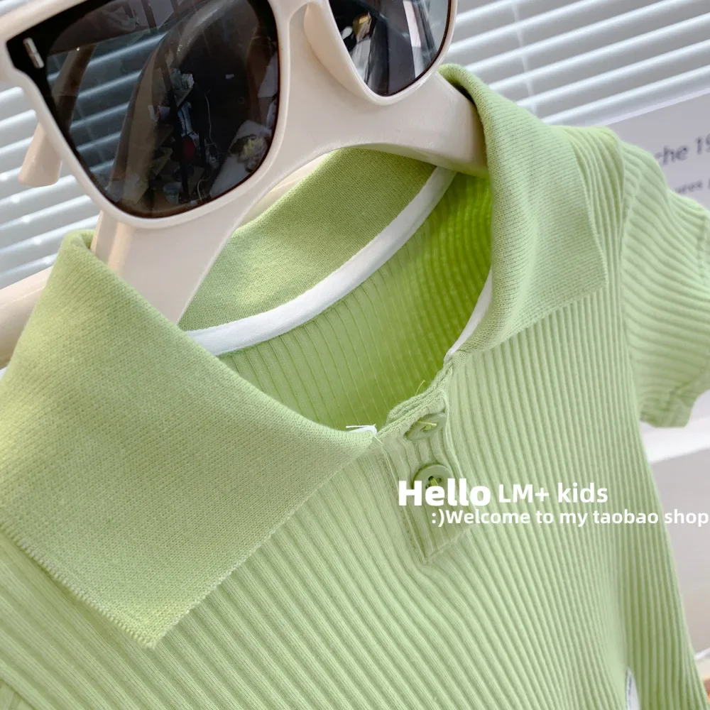 Girls Suit Summer New Casual Style Korean Style Fashionable Solid Color Polo Striped Clothing for Outer Wear Loungewear Outfit
