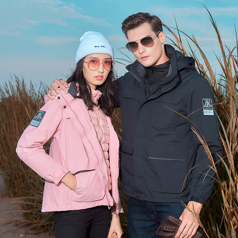 

Quality 2 PCS Winter Couple Clothing Outdoor Jackets Coats Solid Men's Jacket with Hooded Worm Pocket Windbreaker Waterproof