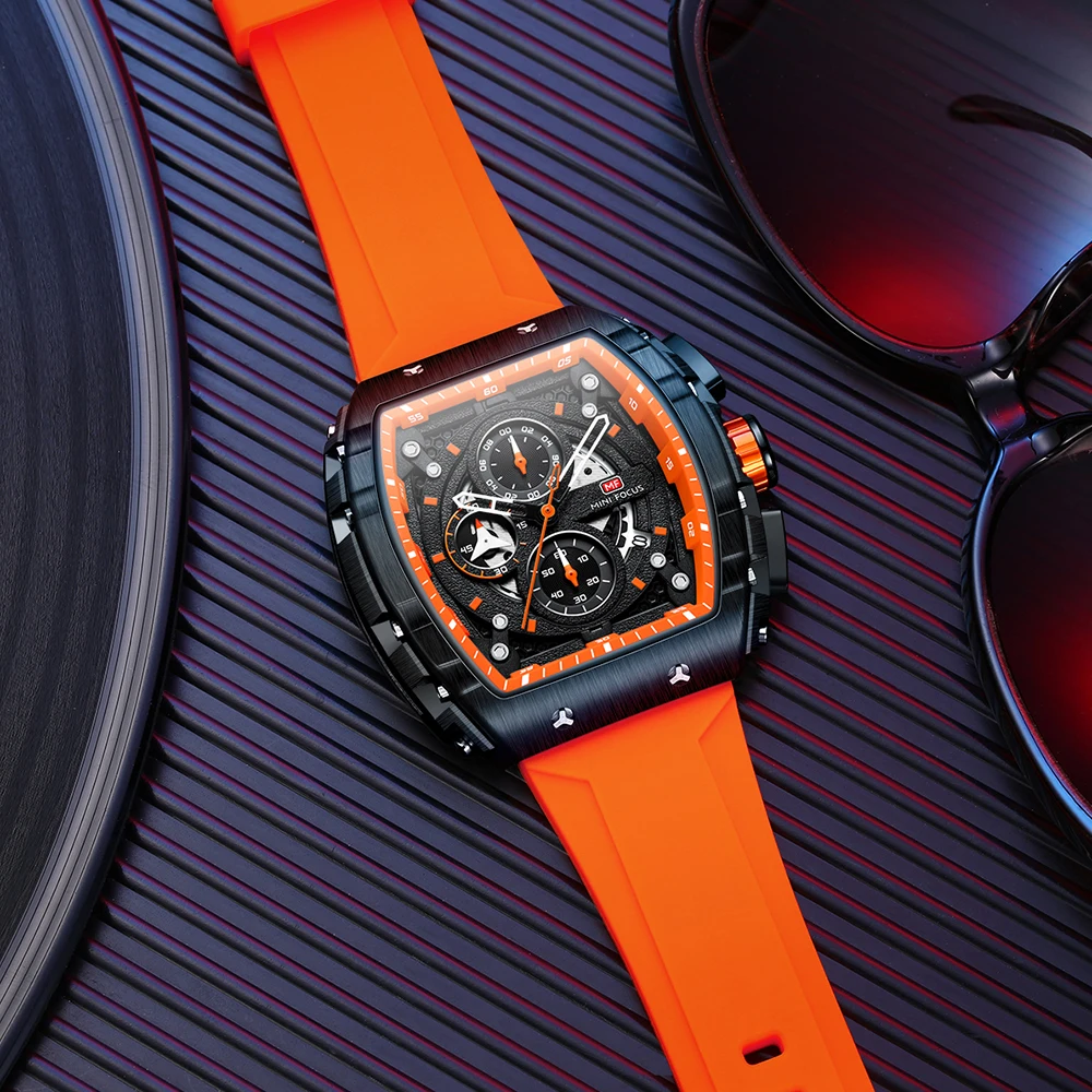 MINI FOCUS Sports Mens Watches Top Brand Luxury Chronograph Waterproof Quartz Watch Orange Silicone Strap Luminous Hands 0399G