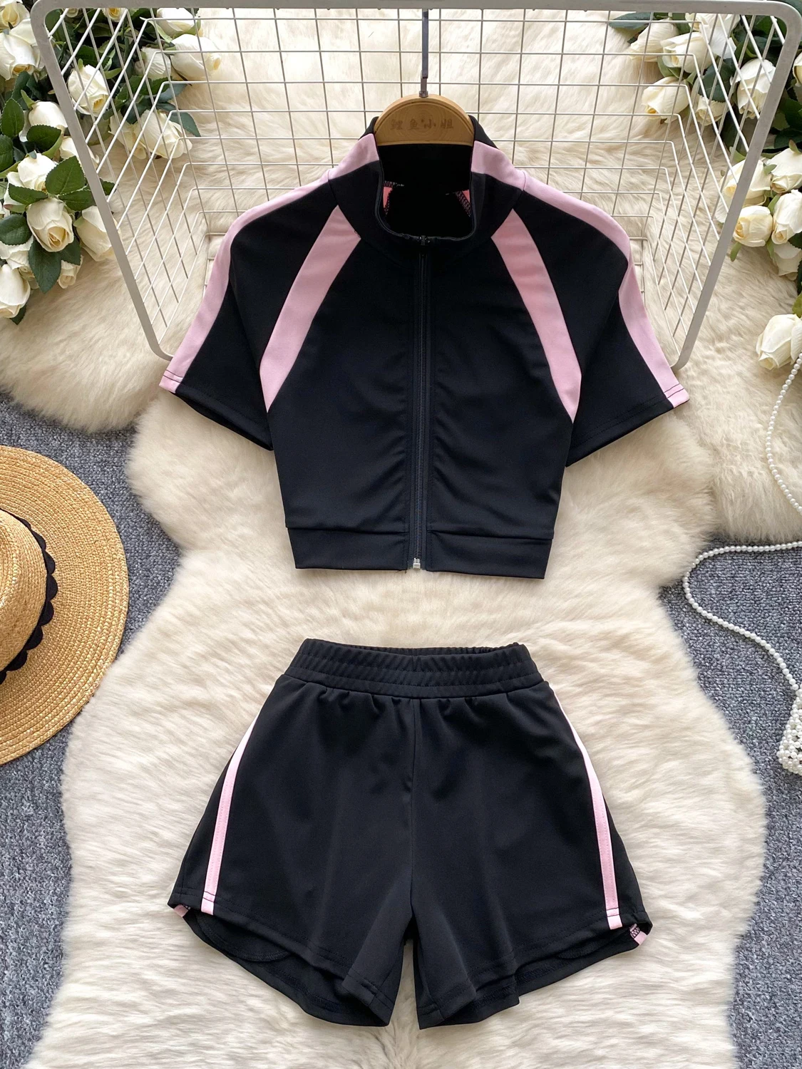 

Foamlina Women's Casual Sportswear Summer Fashion Contrast Color Ragged Short Sleeve Zipper Top + High Waist Wide Leg Shorts