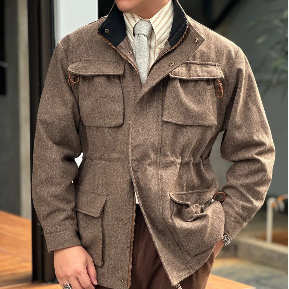 Italian Wool Blend Jacket Men Multiple Pockets Men Stand Collar Workwear Coat Casual Business Jacket Coat Hunting Vintage Jacket