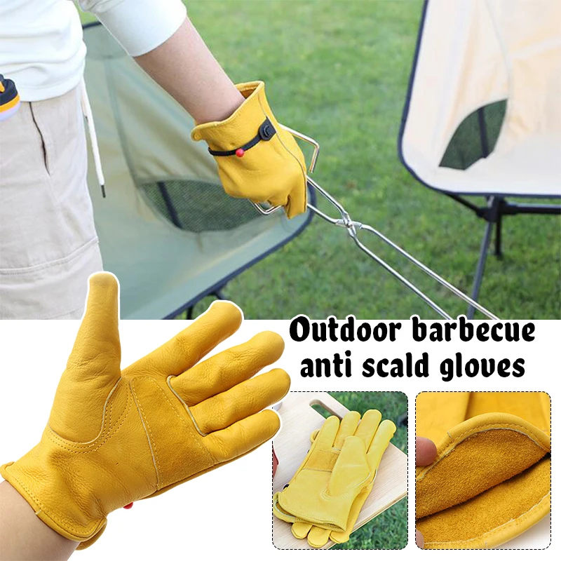 Guantes Protectores de cuero ignífugos para viajes, barbacoa, Camping al aire libre, aislamiento térmico, hornear, barbacoa, guantes de piel de vaca