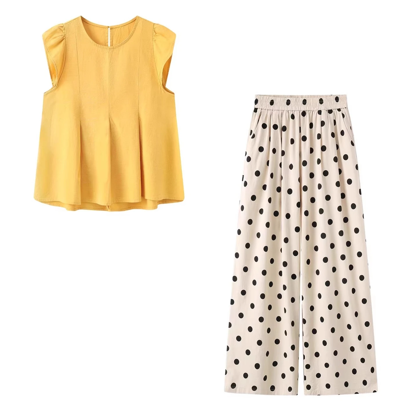 

Women Two Pieces Pant Sets Polka Dot Matching Set Solid O Neck Sleeveless Top Ankle Lenth Pants Loose Elegant Casual 2026 Summer