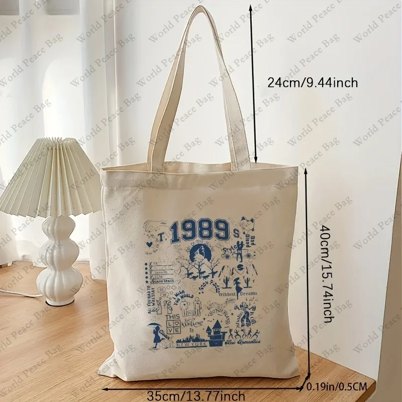 1pc 1989 pattern Canvas Shopping Bag, TS Merch Portable Shoulder Bag, taylor\'s version Trendy Tote Bag For Daily Life