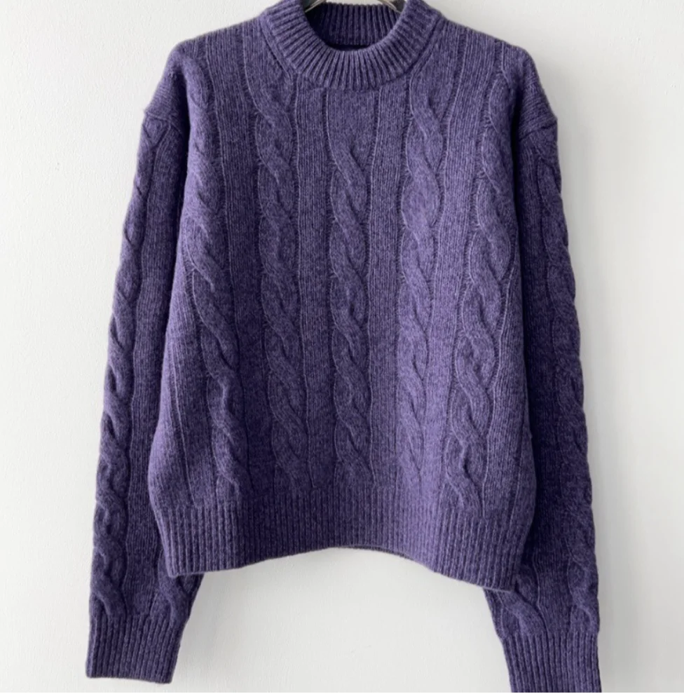 Knitwear  winter new round-neck long-sleeved hemp sweater top purple pullover hemp