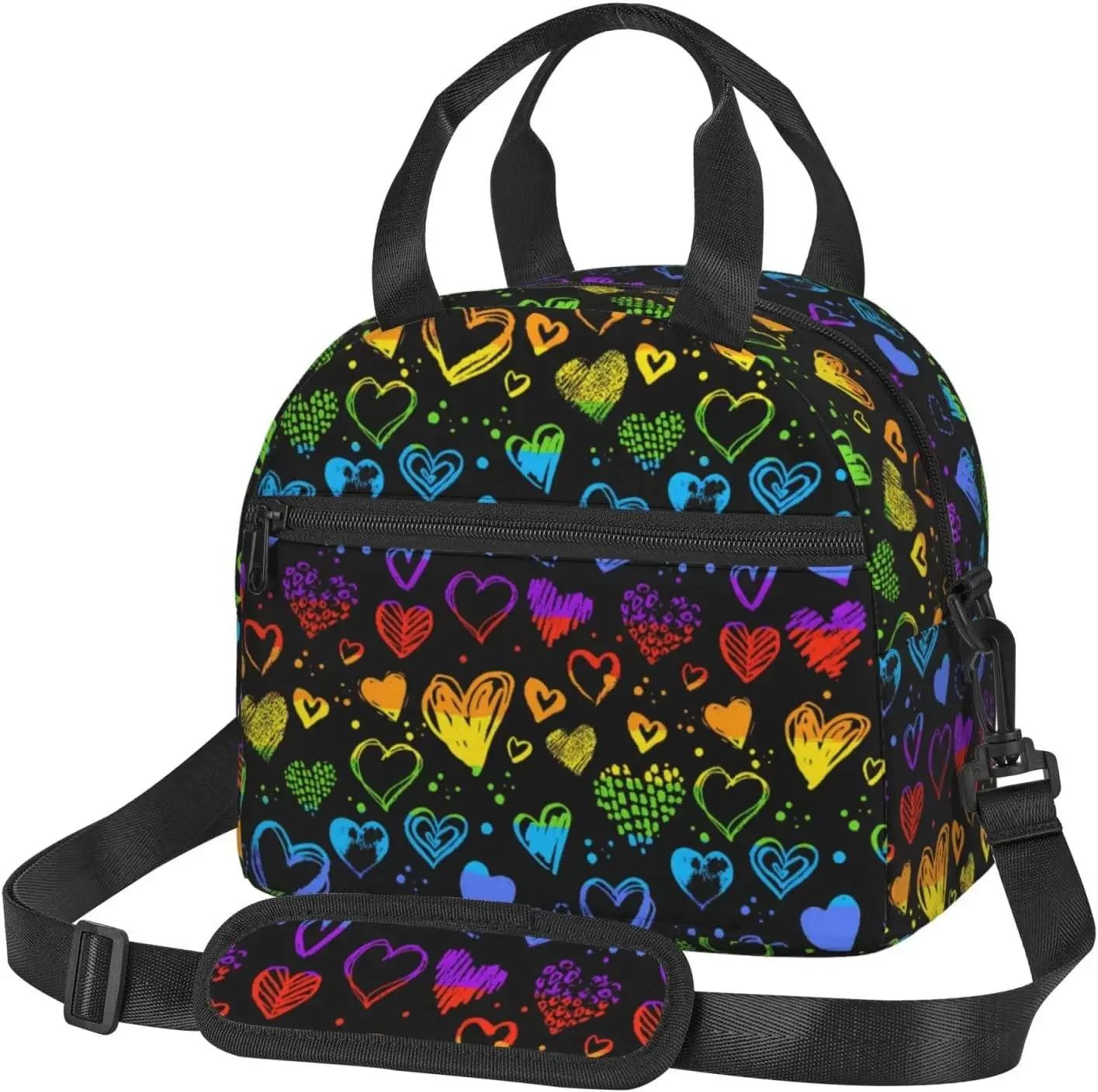 Rainbow Love Hearts Lunch Bag with Adjustable Shoulder Strap for Women Men Reusable Lunch Cooler Bag for Office Picnic