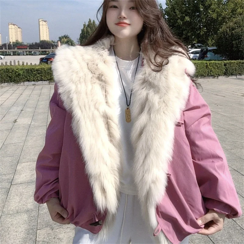 

Winter New Women's Real Fox Fur Collar Hoodded Duck Down Filling Overcoat High Quality Fashion Short Parka Jacket