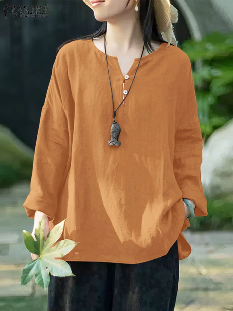 

2025 ZANZEA Stylish Women Long Sleeve Tops Autumn Blouse Vintage Cotton Shirt Casual V Neck Buttons Blusas Female Work OL Shirts