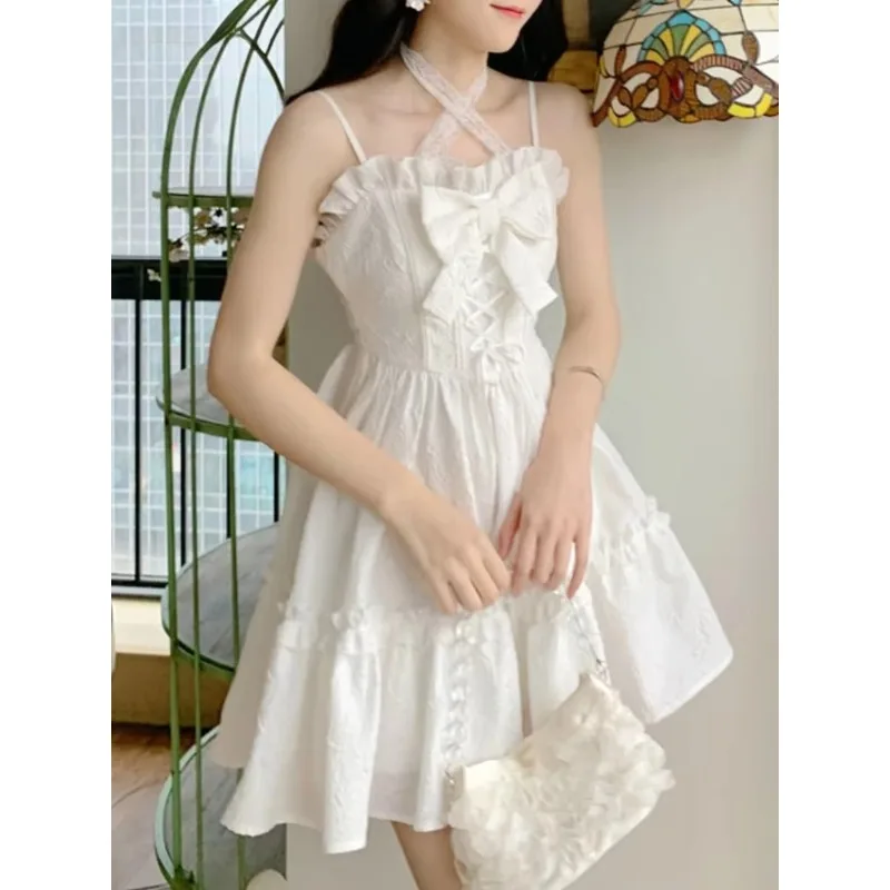 Women White Strap Kawaii Lolita Dress Bow Sweet Fairy Party Above Knee Dress
