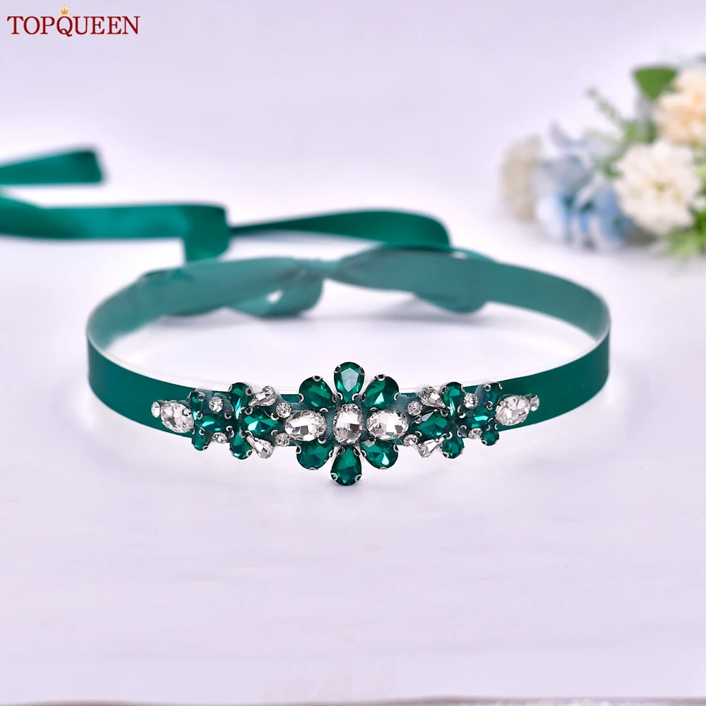 TOPQUEEN Simple Affordable Green Glass Rhinestone Bridal Sash Evening Dress Decoration Bridesmaid Belt Wedding Women's Belt S45