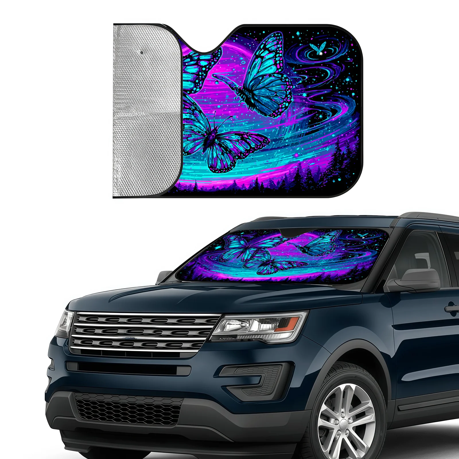 Neon Butterfly Shadow Car Sunshade, In A Cyberpunk Art Style, Provides Heat Insulation To Keep The Interior Cool, Comes With Suc