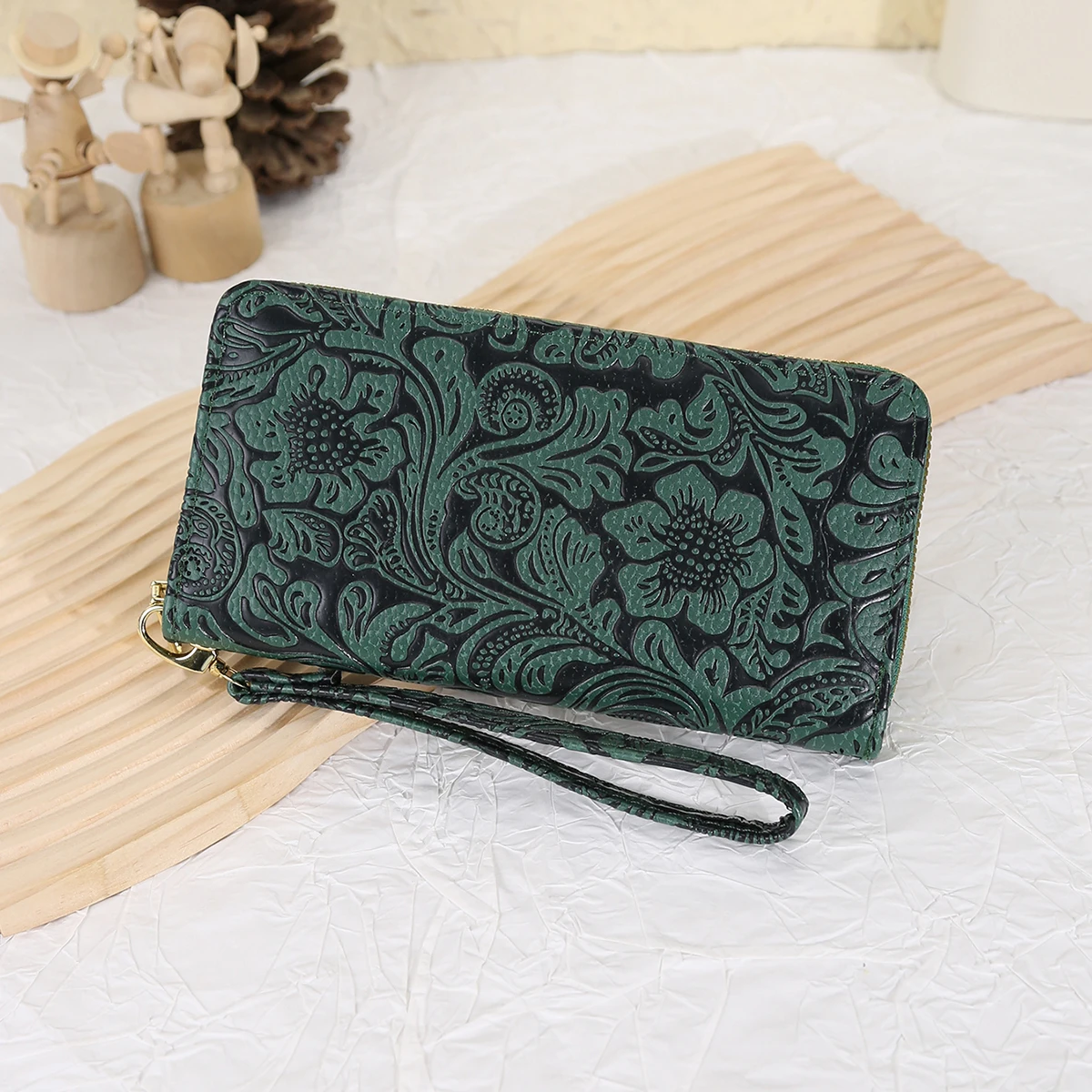 Portfel damski Retro wytłoczony długi portfel z pojedynczym zamkiem błyskawicznym torebka w stylu etnicznym torba na zamek błyskawiczny torba na karty o dużej pojemności przechowywanie drobnych