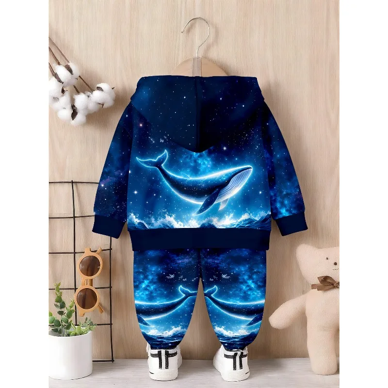 Kids Hoodie Jogger: Galaxy Ocean Whale Print, Moon Glowing Deer Graphic, Star Blue Butterfly Pattern Kid Tracksuit