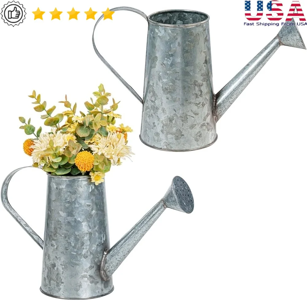 

Rustic Galvanized Metal Decorative Vases Vintage Watering Can Design Set of 2 Dried Flowers Artificial Plants Farmhouse Home