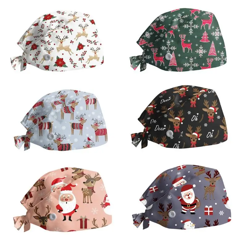 Christmas Print Surgical Caps Adjustable Nurse Cap Sweat-absorbent Balaclava Neutral Baotou Cap Fashion Doctor Hat For Christmas