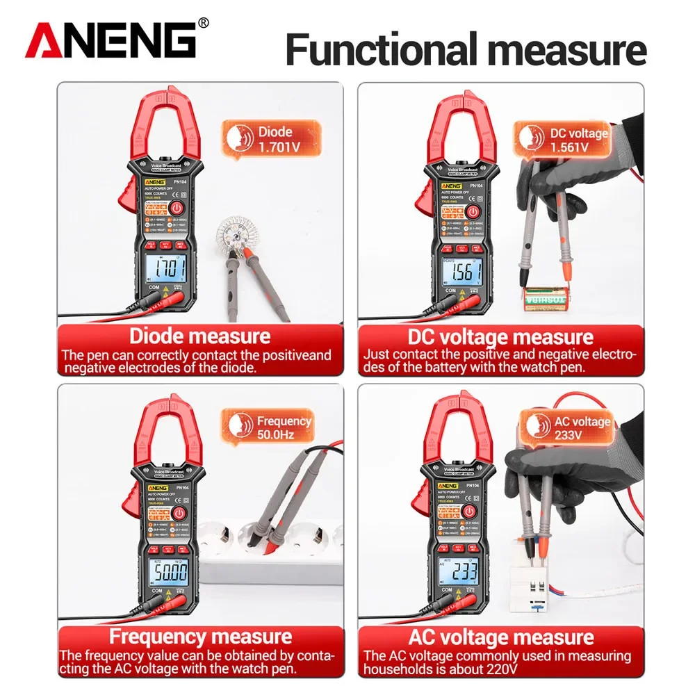ANENG PN104 Multimetr do transmisji głosowej Cęg 600A Cyfrowy miernik cęgowy AC DC Tester napięcia Samochodowy tester Ohm Narzędzie dla elektryków