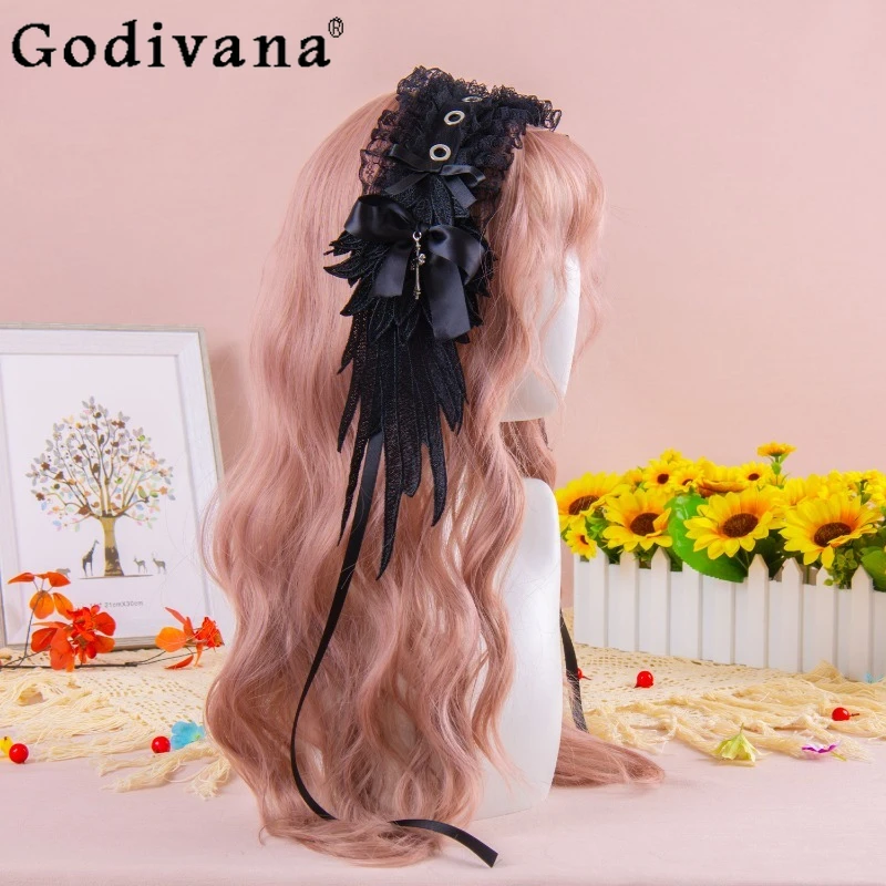 Fascia per capelli con ali incrociate in bianco e nero per ragazze Lolita Accessori per capelli dal design originale Fascia per capelli stile ragazza calda punk gotico da donna
