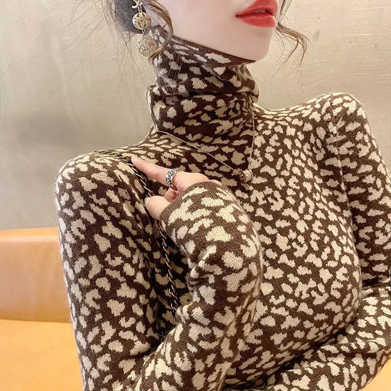 Turtleneck Leopard Knitting Bottoming Shirt Women Autumn Winter Fashion Office Lady Sweater Casual All-match Trend Knitwear Tops