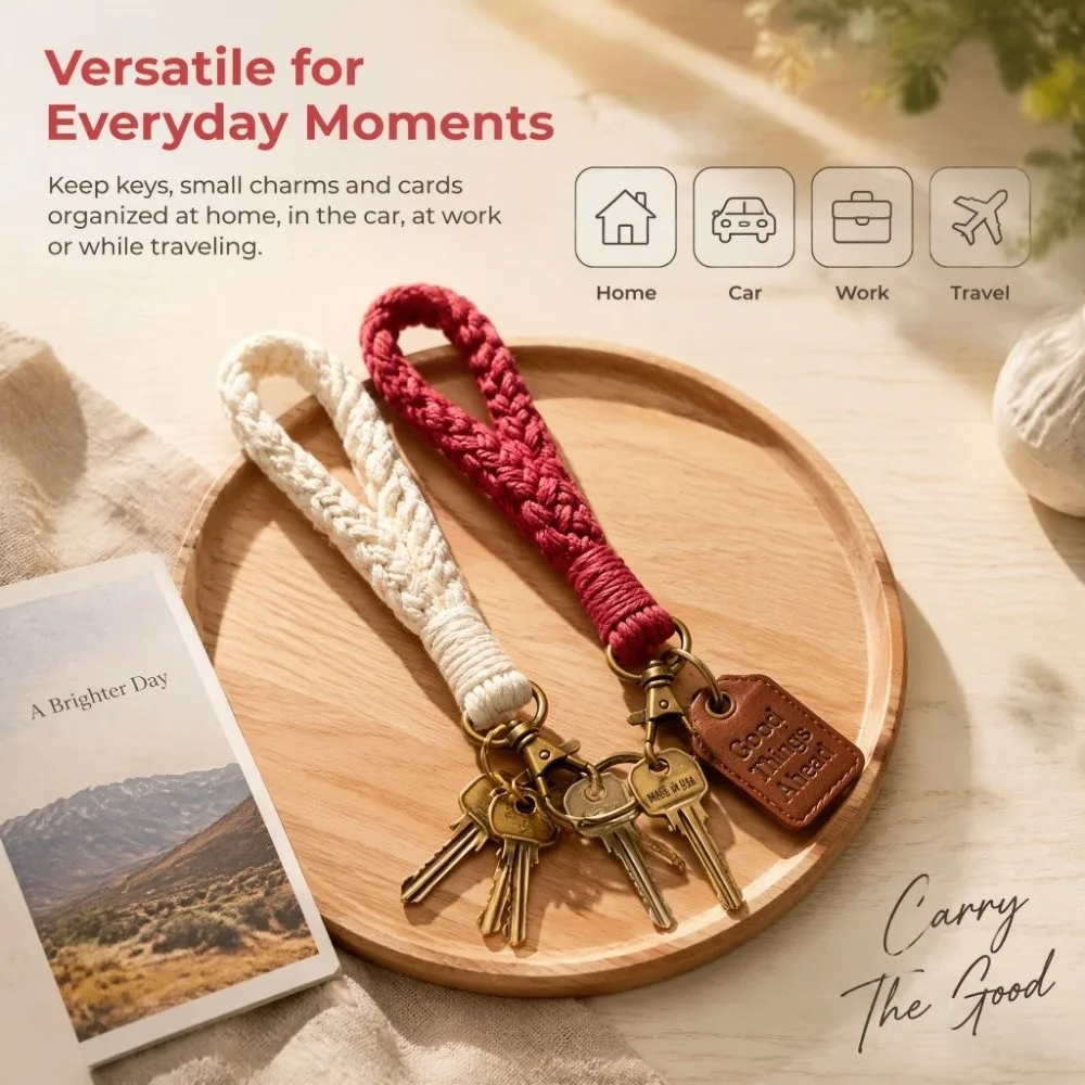 2pcs Cotton Cord Boho Macrame Keychain Zinc Alloy Clasp Hand Woven Wrist Lanyard Soft Texture Keyring Holder