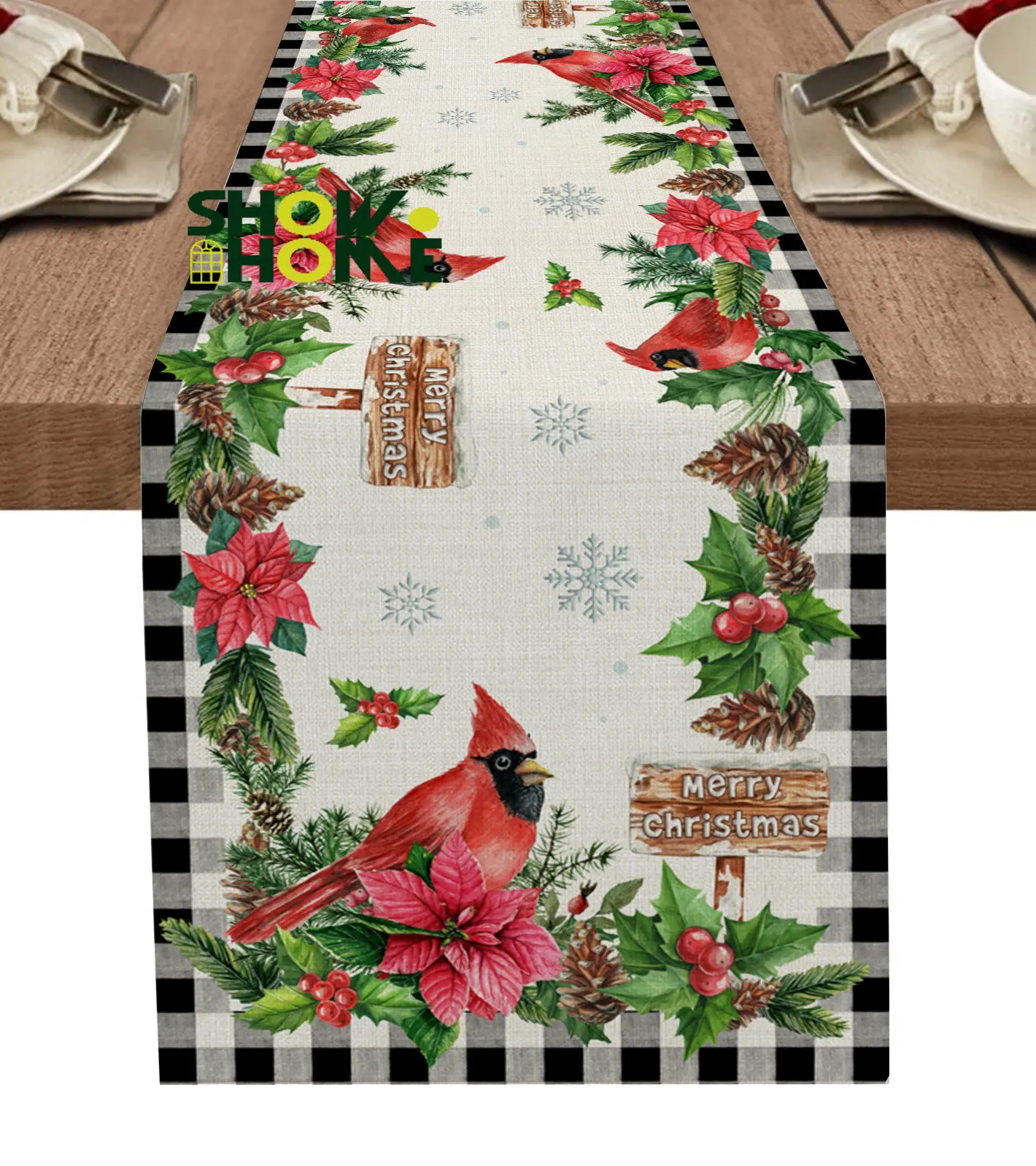 Christmas Poinsettia Cardinal Pine Cones Table Runner Modern Home Dinner Table Decoration Table Cover Wedding Decor Tablecloth