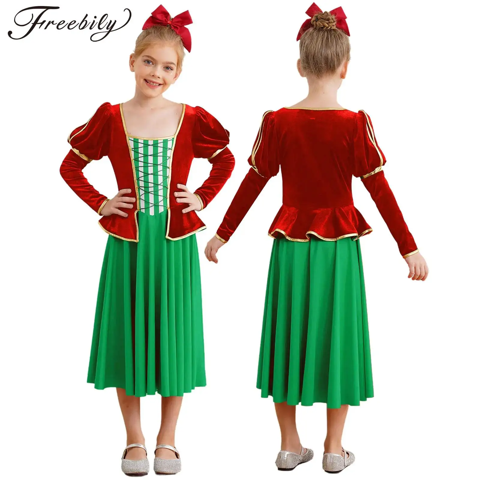 

Kid Girls Christmas New Year Party Dress Long Sleeve Striped Print Candy Cane Dance Velvet Dresses Xmas Carnival Cosplay Costume