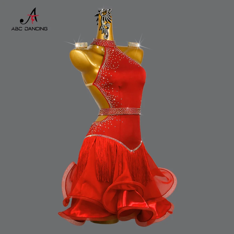 New Red Latin Dance Competition Dress Sexy gonna senza spalline per le donne Diamond spedizione gratuita abbigliamento da sala da ballo per ragazza linea Midi Cha Nuovi prodotti e serie Personalizzazione Avanzata Moda