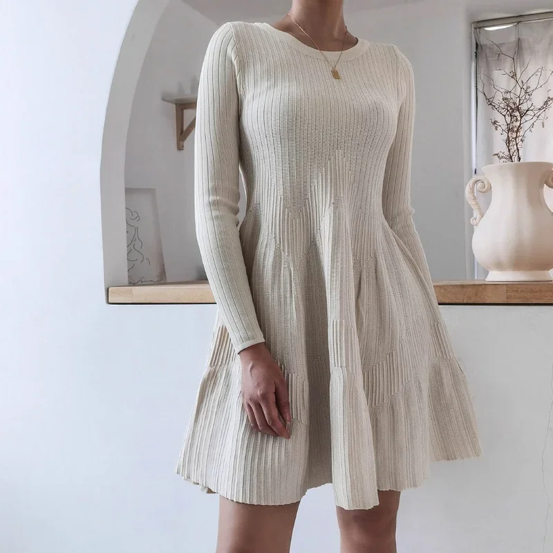 

Knitted Dresses for Women 2022 New Fall Winter Fashion New Arrival Long Sleeve Knit Dress Woman Casual Short Dress Off White