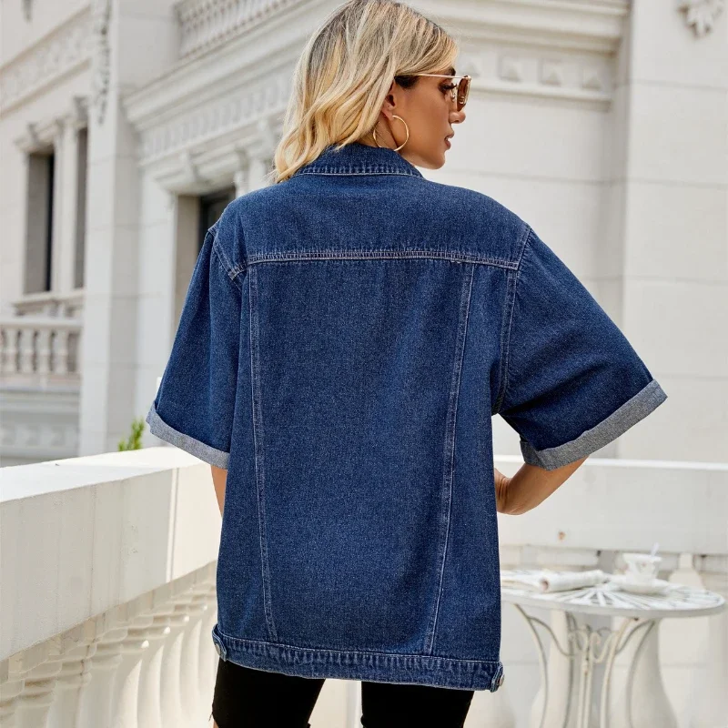 Women's Loose Short Sleeve Denim Jacket Wash Slimming Summer New Oversize Denim Shirt Trendy Comfortable Fabric Casual Jeans Top