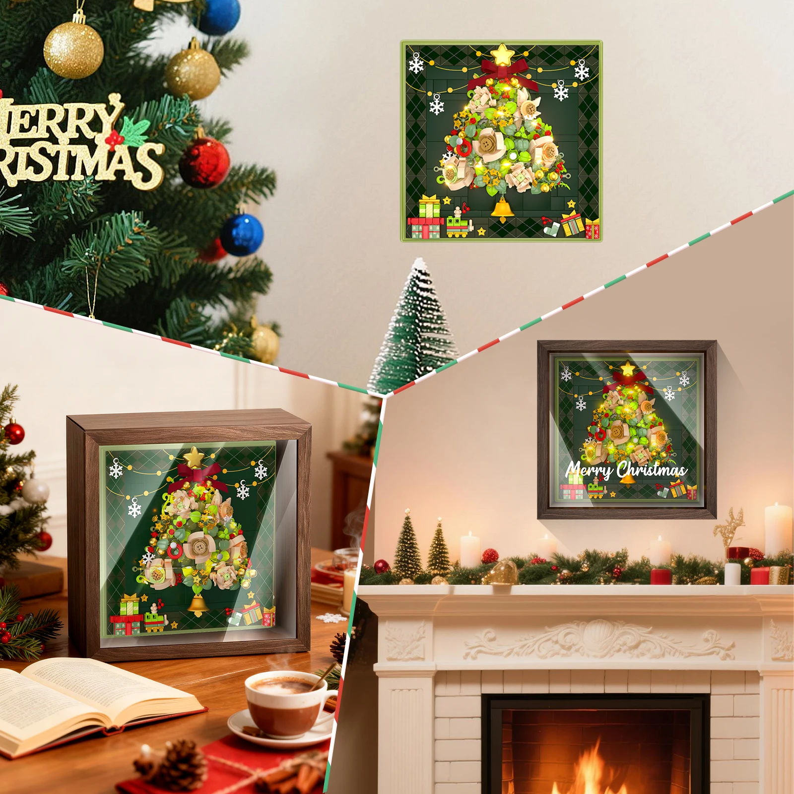 Weihnachts-Bausteine-Set für Schaufenster – Massivholzrahmen, DIY 3D-Baumpuzzle, künstlerische Heimdekoration, einzigartiges Weihnachtsgeschenk