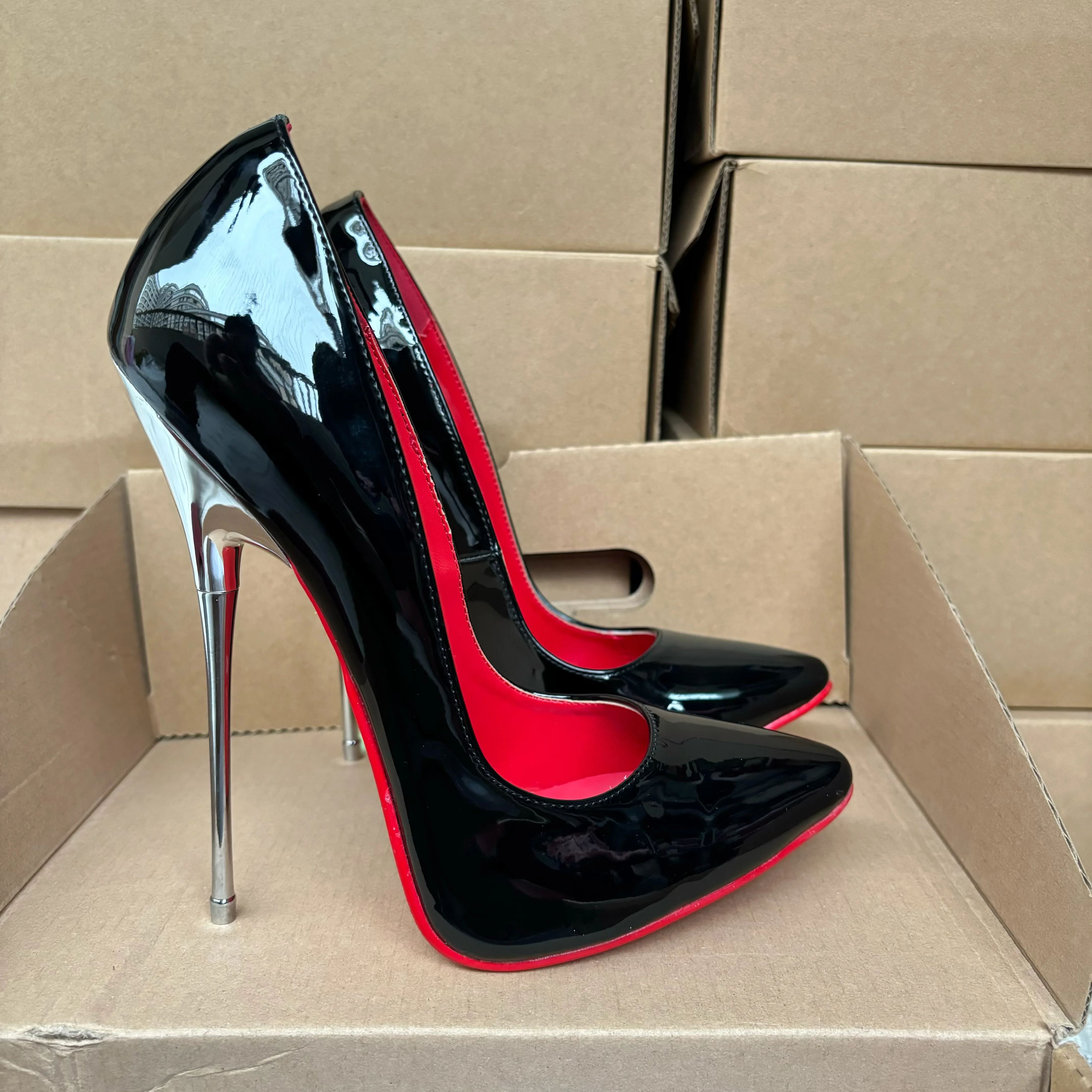 女性用エクストリームメタルハイヒールシューズ,スチレットヒール16cm,無地,黒,赤,フェチ,パーティーモデル,ユニセックス,サイズ46