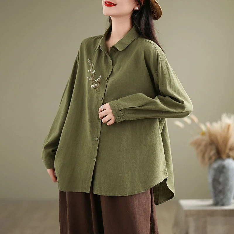 

Embroidered Long-sleeved Women's Autumn New Style Loose and Slim Casual Temperament Lapel Base Shirt