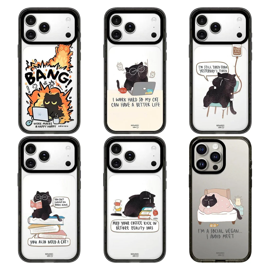 

Tired Cat Pattern Acrylic Black Border Magnetic Phone Case Cover for IPhone 12 13 14 15 16 17 Pro Max Case for IPhone 17 Air
