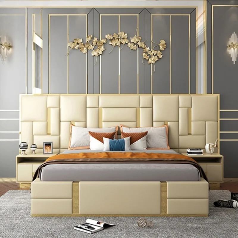 

Large screen soft bag solid wood nappa leather bed Internet celebrity modern Italian light luxury bed